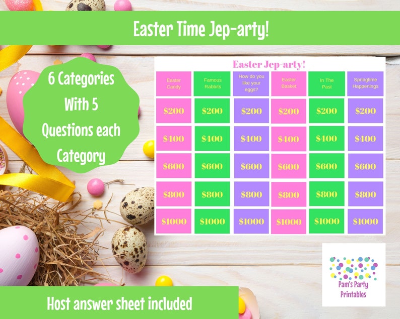Easter Spring Jep-arty Trivia Game, Printable, Team Building, Game for adults kids, Easter themed game, Spring classroom game, Youth Group image 1