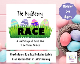 Puede incluir: Un fondo blanco con el texto "The EggMazing RACE", huevos de Pascua coloridos y hierba verde. Debajo está el texto "A Challenging and Unique Race to the Easter Baskets". La imagen es para 2-6 jugadores e incluye "Five challenges to unlock the Easter Baskets".