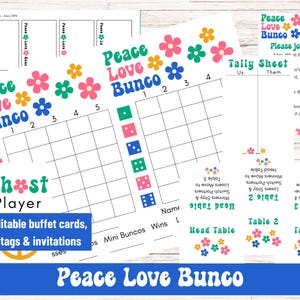 Hojas de puntuación de Bunco Peace Love Bunco, tema de Bunco retro, tema de Bunco de los años 70, Bunco Flower Power, Bunco de flores, invitación editable