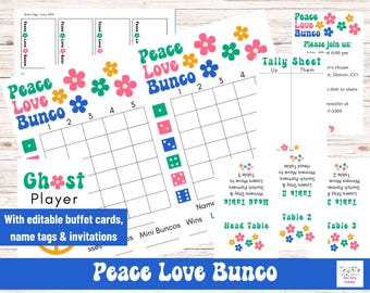 May include: Printable Peace Love Bunco game set with a retro 70s theme. Includes a tally sheet, scorecards, and table cards with flowers and the text "Peace Love Bunco".
