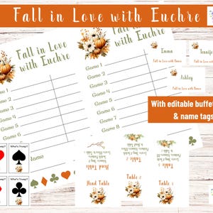 Hoja de puntuación de Euchre, Euchre de otoño, Enamórese del Euchre, Imprimible, Tema de otoño para Euchre, Tarjetas de mesa Acuarela, otoño, cosecha