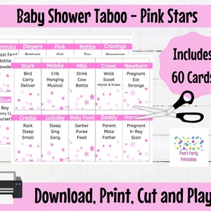 It's a Girl Pink Stars Theme Baby Shower Taboo Printable Cards Baby Shower Game, Couples Shower, Grandma Shower, Gender Reveal image 1