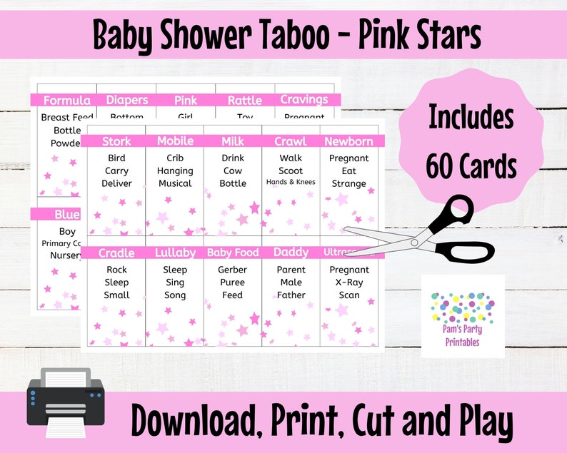 It's a Girl Pink Stars Theme Baby Shower Taboo Printable Cards Baby Shower Game, Couples Shower, Grandma Shower, Gender Reveal image 1