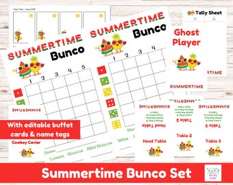 Puede incluir: Un juego de Bunco de verano con tarjetas de juego, hojas de conteo y etiquetas de nombre. El diseño incluye personajes de sandía y piña con gafas de sol. El juego incluye tarjetas de buffet y etiquetas de nombre editables.