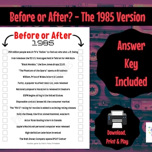 Peut inclure: Une feuille de jeu imprimable avec une liste d'événements qui se sont produits avant ou après 1985. Le jeu est intitulé "Avant ou après ? - La version 1985".