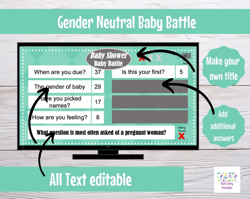 Virtual or Large Screen Game, Gender Neutral Baby Battle, Interactive PowerPoint Game, Baby Shower Party Game, Zoom game, editable questions image 3