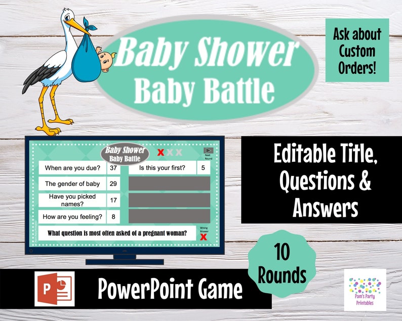 Virtual or Large Screen Game, Gender Neutral Baby Battle, Interactive PowerPoint Game, Baby Shower Party Game, Zoom game, editable questions image 1