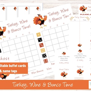 Tiempo de pavo, vino y bunco, bunco de Acción de Gracias, bunco de noviembre, bunco de otoño, hojas de puntuación de bunco, imprimible, tema de otoño de tendencia para bunco.