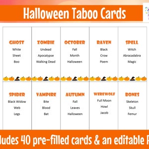 Printable Halloween Taboo Game Cards, Editable PDF, Halloween Party Game for classrooms, scouts, youth groups, family game night