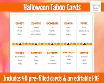 Printable Halloween Taboo Game Cards, Editable PDF, Halloween Party Game for classrooms, scouts, youth groups, family game night