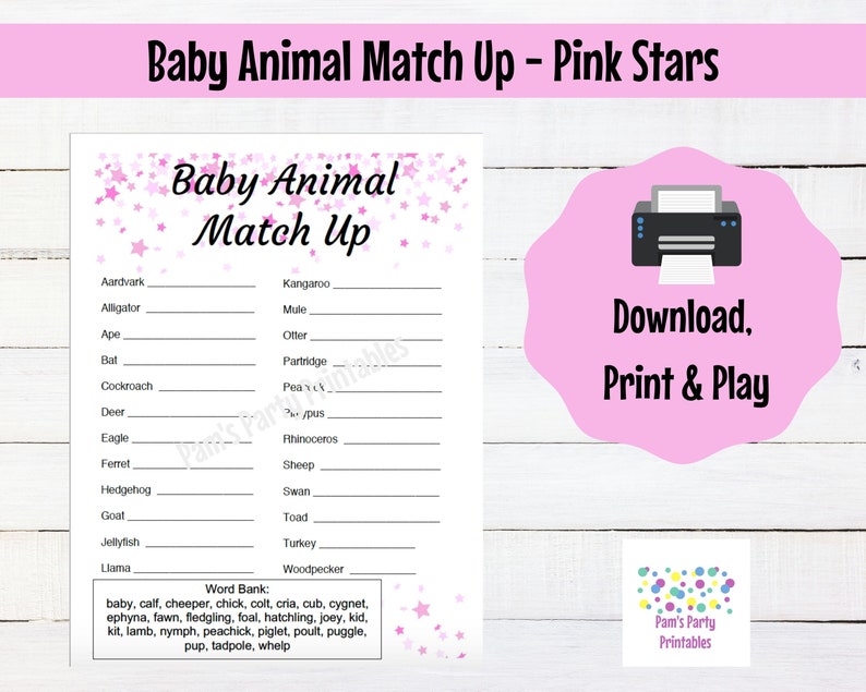 C'est une fille Pink Stars Baby Shower Baby Animal Match Up Printable Baby Shower Game, Couples Shower, Grandma Shower, Gender Reveal image 1