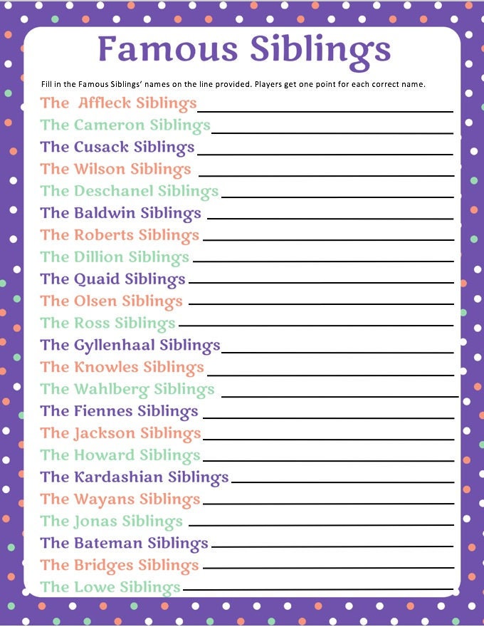 famous siblings family reunion game table game printable