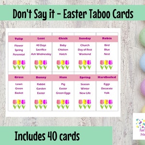 Op de afbeelding: Een set van 40 paas-taboekaarten met roze, gele en witte tulpen op elke kaart. De kaarten zijn verdeeld in 10 categorieën, elk met vier woorden. De categorieën omvatten: Tulp, Vasten, Kuiken, Zondag, Roodborstje, Gras, Konijn, Ham, Lente en Hardgekookt ei. De tekst "Bevat 40 kaarten" staat onderaan de afbeelding.