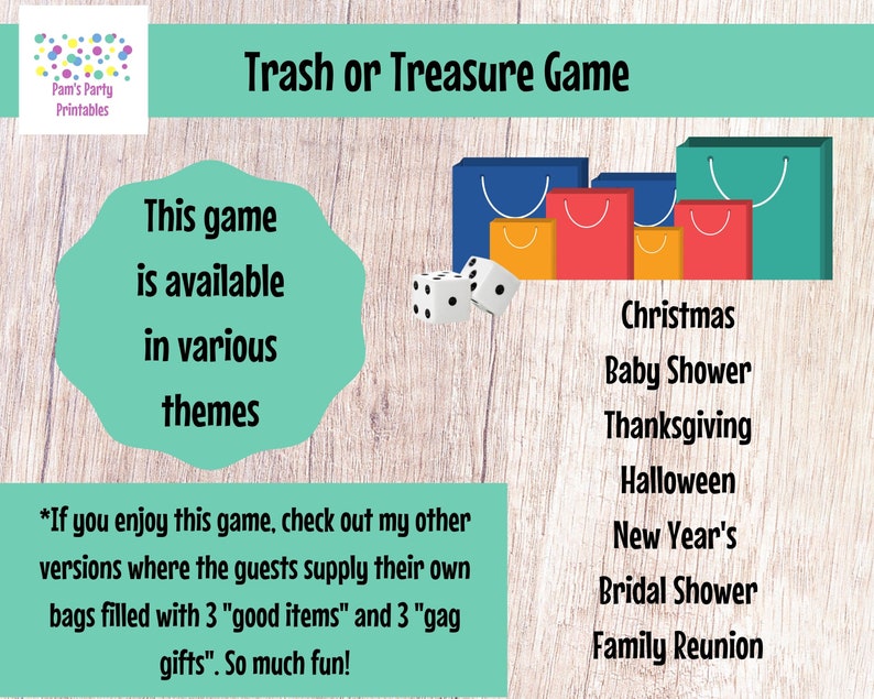 Winter Holiday Trash or Treasure Printable Dice & Card Game for Large Group, Winter, Classroom, GNO, Hanukkah Game, Mingle Game, Table Game image 5