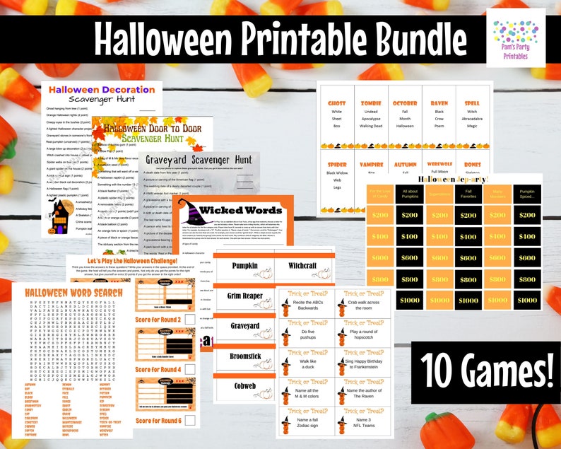 Halloween Printable Game Bundle 10 Games Taboo, Pictionary, Scavenger Hunt, Jep-arty, Scattergories, Halloween Challenge, Word Search, image 1