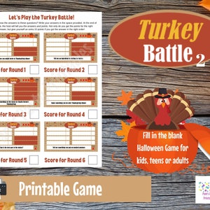 Turkey Battle Game Show Printable Game 2, Thanksgiving Trivia Game, Friendsgiving Party Game, Printable family game for adults, teens & kids