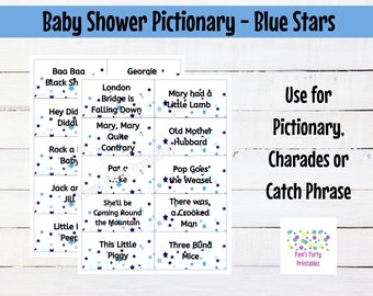 C'est un garçon Blue Stars thème - Nursery Rhyme Pictionary Printable Cards - Baby Shower Game, Couples Shower, Grandma Shower, Gender Reveal