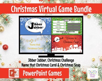 May include: A digital screen displaying four Christmas-themed PowerPoint game slides. The slides include games like "Jibber Jabber", "Christmas Challenge", "Name that Christmas Carol", and "Christmas Snap". The text "PowerPoint Games" is displayed below the screen.