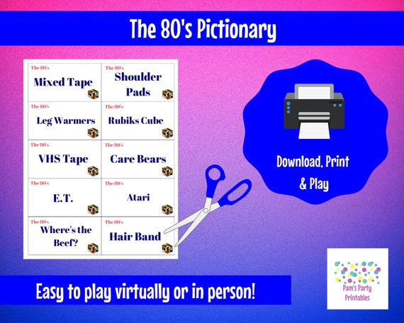 Printable 1980's Pictionary, Charades, The 80's, GNO, Girls Night Out, 80s Party, Play virtually or in person Il_570xn