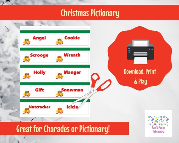 Printable Christmas Game Cards for Pictionary or Charades, Hangman or 20 Questions INSTANT DOWNLOAD