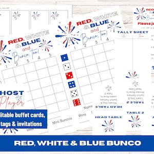 Rot, Weiß und Blau und Bunco, Too Bunco Score Sheets, Fourth of Jul Bunco, Vaterländisches Bunco-Thema, USA Bunco-Thema, bearbeitbare Einladung