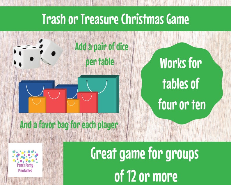 Christmas Trash or Treasure Printable Dice & Card Game for Large Group, Youth Group, Classroom, GNO, Christmas Game, Mingle Game, Table Game image 3