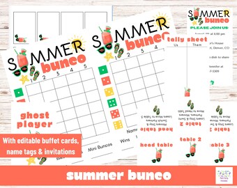 Puede incluir: Juego de Summer Bunco con invitaciones, hojas de conteo y tarjetas de buffet. El diseño presenta una combinación de colores naranja brillante y blanco con gráficos temáticos de verano como gafas de sol, chanclas y bebidas tropicales. El texto "Summer Bunco" es prominente.