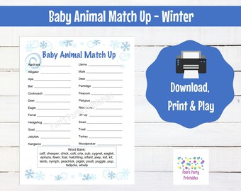 Winter Themed Baby Shower - Baby Shower Baby Animal Match Up Printable - Baby Shower Game, Couples Shower, Grandma Shower, Gender Reveal