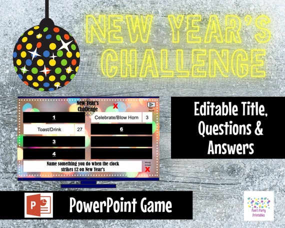 Virtual Game New Years Eve Challenge - Interactive and Editable PowerPoint Game - Party Game