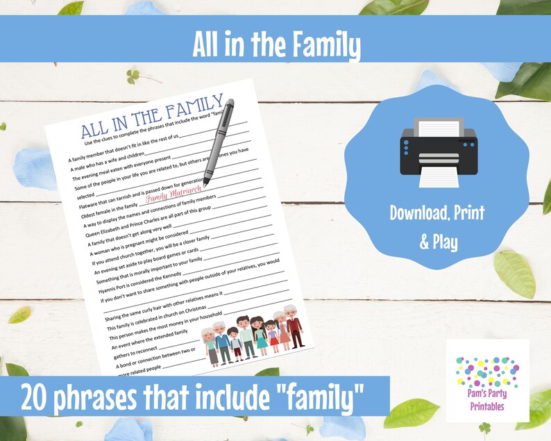 All in the Family, Fill in the Blank Family Game, Family Reunion Game, Table Game, Printable Game, Family Picnic, Group Game, Match Game image 1