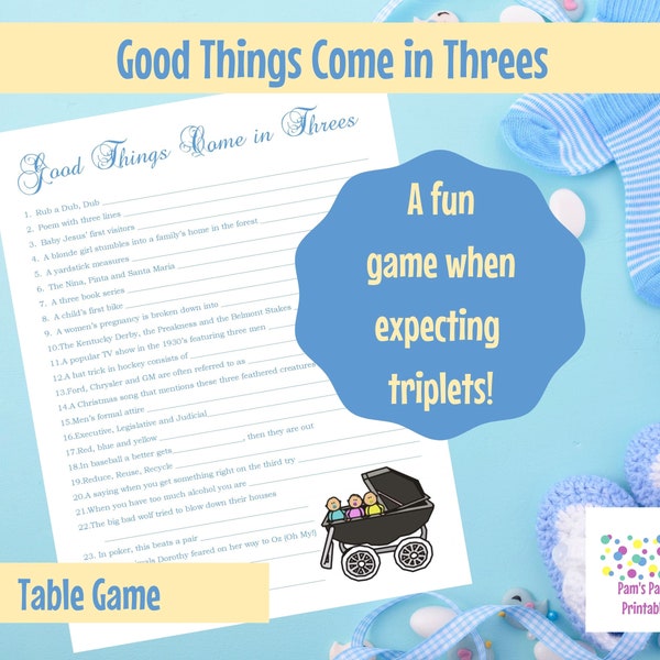 Baby Shower Game - Baby Shower Printable Game for Triplets - Good Things Come in Threes - Instant Download