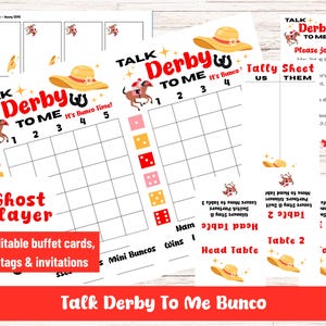 Może przedstawiać: Drukowane karty do gry na imprezę "Talk Derby To Me Bunco". Karty przedstawiają konia i dżokeja, słomkowy kapelusz i tekst "Talk Derby To Me It's Bunco Time!" Karty są przeznaczone do gry w Bunco, gry w kości.