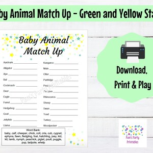 Baby Shower Baby Animal Match Up Printable Neutral Green Stars Baby Shower Game, Couples Shower, Grandma Shower, Gender Reveal image 1