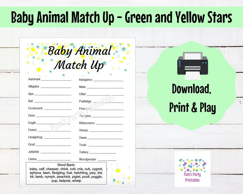 Baby Shower Baby Animal Match Up Printable Neutral Green Stars Baby Shower Game, Couples Shower, Grandma Shower, Gender Reveal image 1