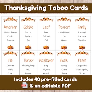 Thanksgiving Taboo Game Printable Cards for Thanksgiving Editable PDF Cards Friendsgiving for All Ages