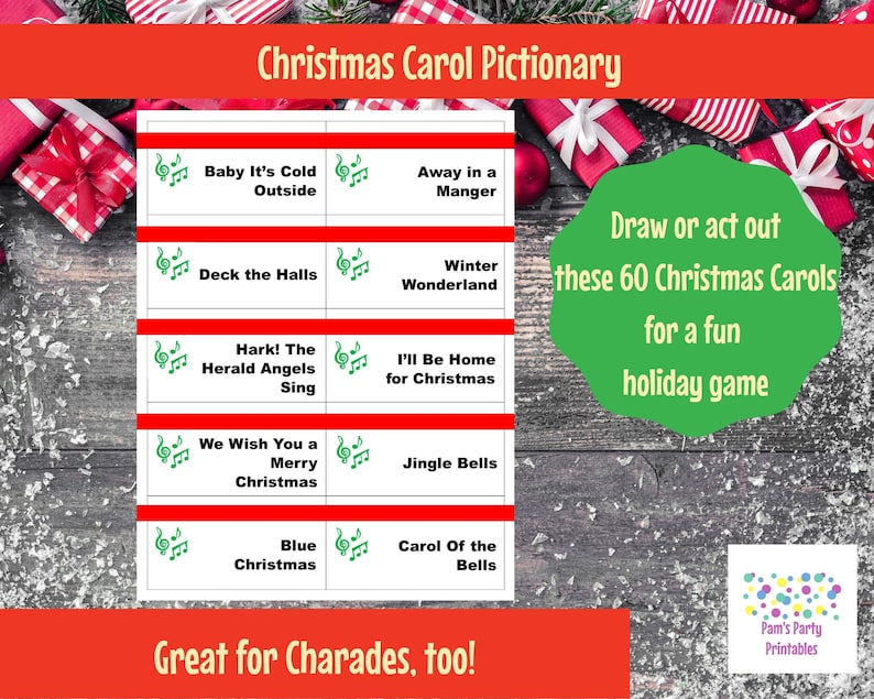Printable Christmas Carol Game Cards for Pictionary or Charades INSTANT DOWNLOAD image 2
