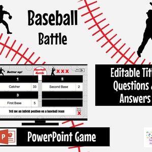May include: A PowerPoint game template for a baseball-themed trivia game. The template features a baseball field graphic, a baseball player silhouette, and a game board with editable questions and answers. The text "Baseball Battle" is displayed in large, bold letters at the top of the template.