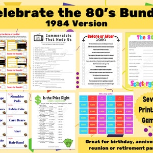 1984 Bundle of Games - 40e anniversaire, 40e anniversaire, Classe de 1984, Réunion, Retraite, Fête des années 80, 1984 Trivia, Jeu de société imprimable
