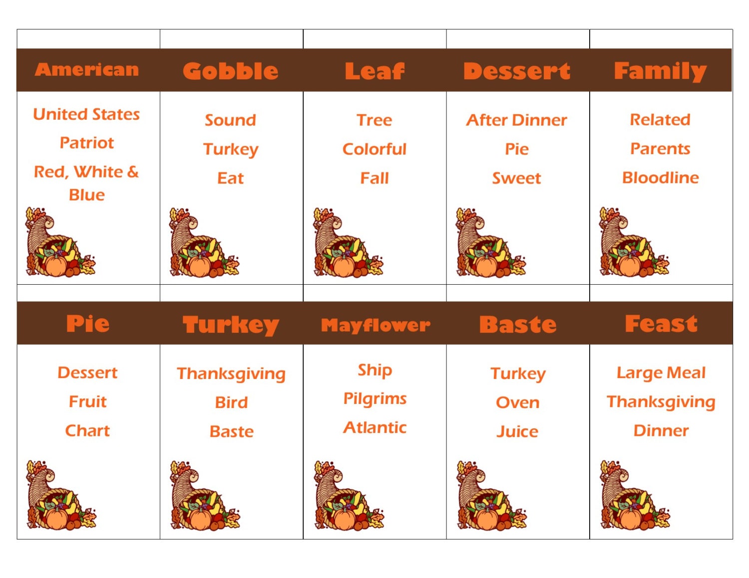 Printable Thanksgiving Game Taboo Cards INSTANT DOWNLOAD ...