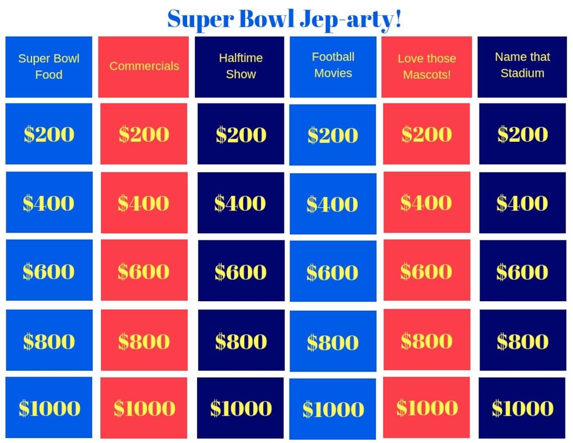 May include: A blue and red game board with the title 'Super Bowl Jep-arty!' The board has six categories: Super Bowl Food, Commercials, Halftime Show, Football Movies, Love those Mascots!, and Name that Stadium. Each category has six dollar amounts: $200, $400, $600, $800, and $1000.