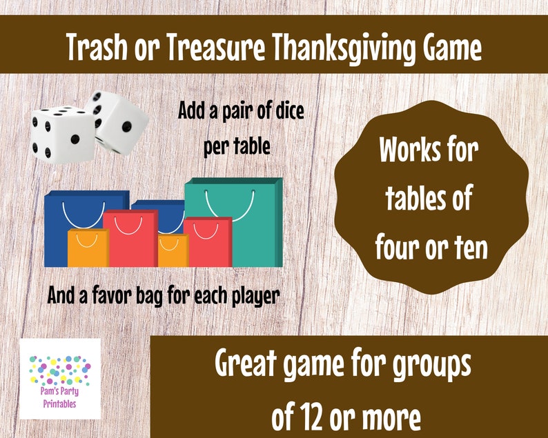 Thanksgiving Trash or Treasure Printable Dice & Card Game Large Group, Youth Group, Classroom, Thanksgiving Game, Mingle Game, Table Game image 3