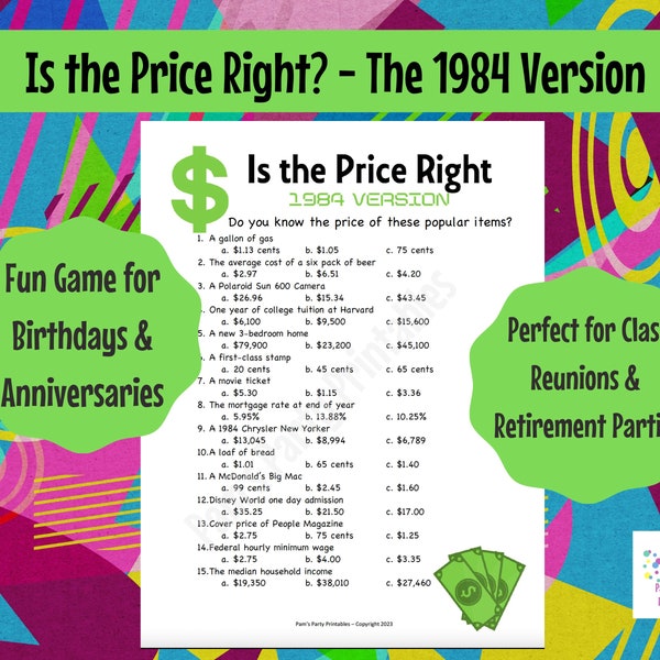 1984 Is this Price Right - 40th birthday. 40th Anniversary, Class of 1984, Reunion, Retirement, 80s Party, Prices in 1984, Virtual in person