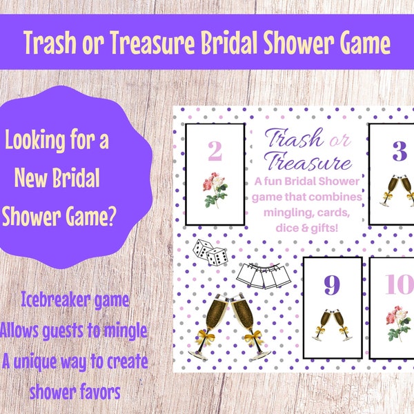 Bridal Wedding Shower Trash or Treasure Printable Dice & Card Game Large Group, Bridal Shower Party Favor, Bridal Shower Game, Mingle Game