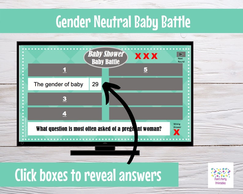 Virtual or Large Screen Game, Gender Neutral Baby Battle, Interactive PowerPoint Game, Baby Shower Party Game, Zoom game, editable questions image 4