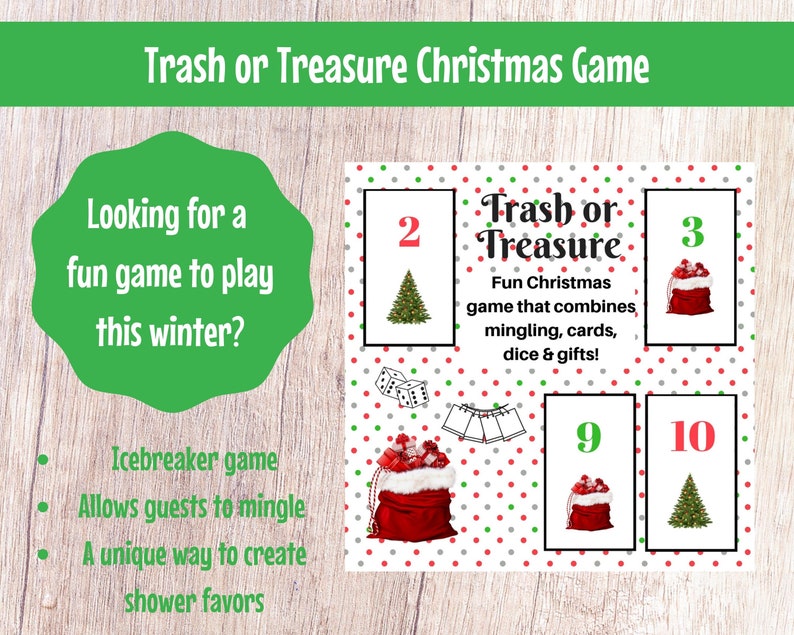 Christmas Trash or Treasure Printable Dice & Card Game for Large Group, Youth Group, Classroom, GNO, Christmas Game, Mingle Game, Table Game image 1