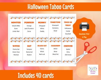 Printable Halloween Taboo Game Cards, Halloween Party Game for classrooms, scouts, youth groups, family game night
