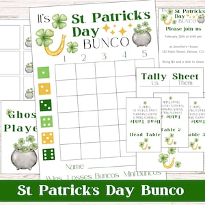 May include: A collection of St. Patrick's Day Bunco game printables. The design features shamrocks, a pot of gold, and a horseshoe. Includes name tags, score sheets, and invitations. The text reads "St. Patrick's Day Bunco".