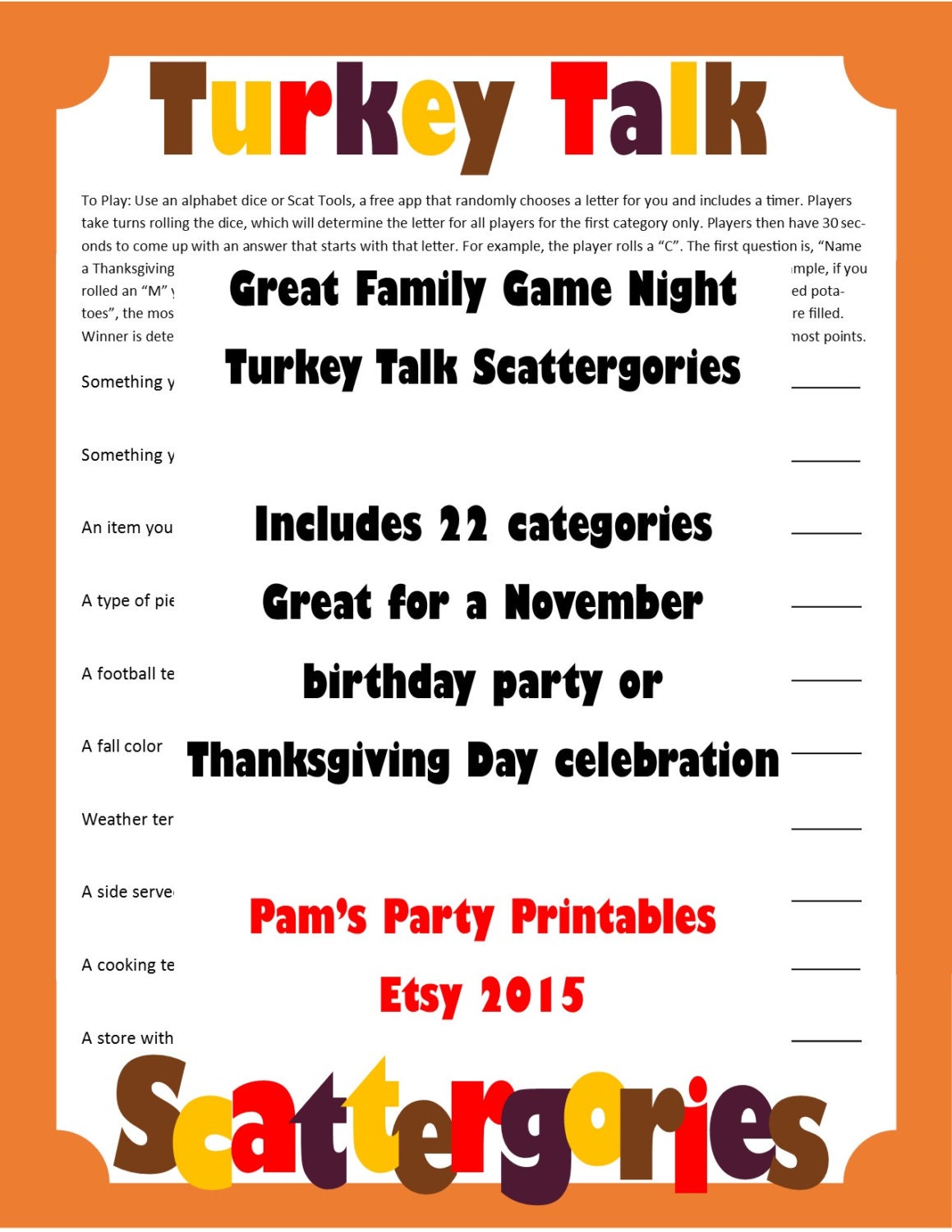 Thanksgiving Scattergories Printable Game Thanksgiving | Etsy