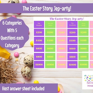 May include: A printable Easter-themed game board with six categories: The Disciples, His Last Hours, The Cast, The Crucifixion, Jesus Died, He is Risen. Each category has five questions worth $200, $400, $600, $800, and $1000. The game board is decorated with Easter eggs and a nest.