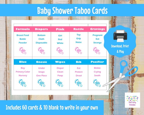 Baby Shower Game - Printable Baby Shower Cards for Taboo - Gender Reveal - Couples Baby Shower - Group Game- Family Game - All Ages - Il_570xn